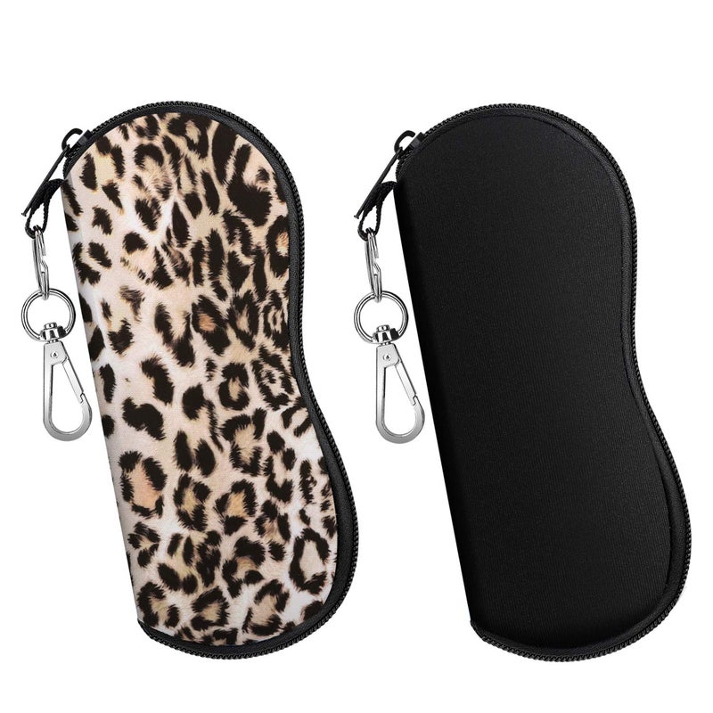 MoKo Eyeglasses Case, (2 Pack) Soft Zippered Neoprene Sunglasses Pouch Protective Eyewear Case Bag with Clip for Men and Women, Black and Leopard - Image 1
